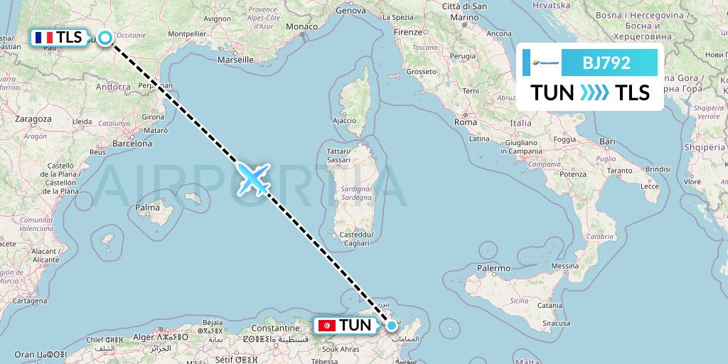 BJ792 Nouvelair Tunisie Flight Map: Tunis to Toulouse