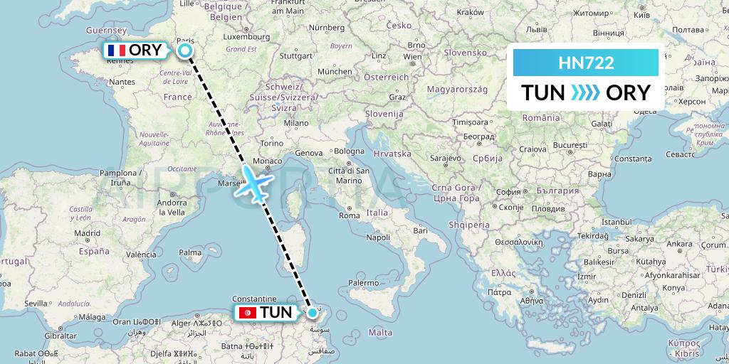 HN722 Uab Heston Airlines Jsc Heston Airl Flight Map: Tunis to Paris