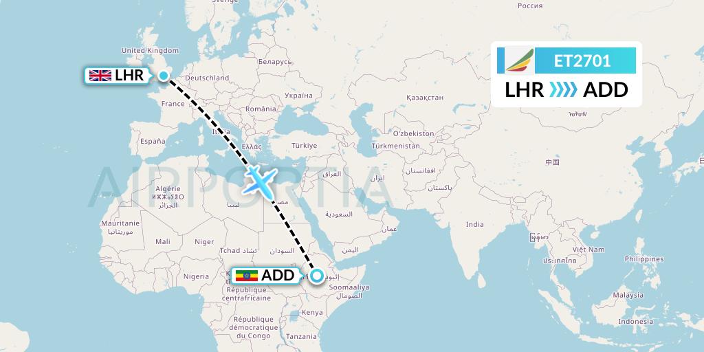 ET2701 Ethiopian Airlines Flight Map: London to Addis Ababa