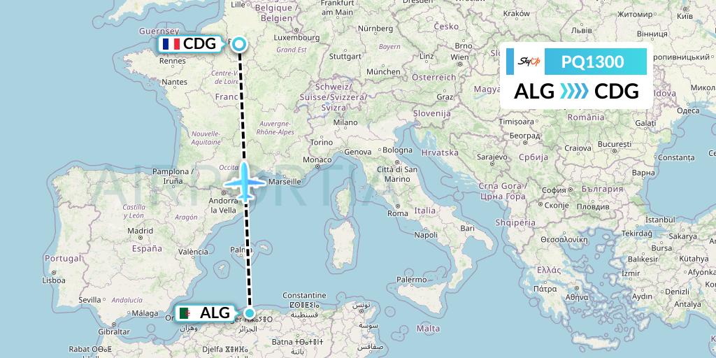 PQ1300 SkyUp Airlines Flight Map: Algiers to Paris