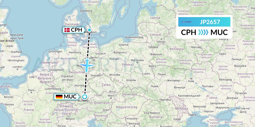 JP2657 Adria Airways Flight Map: Copenhagen to Munich
