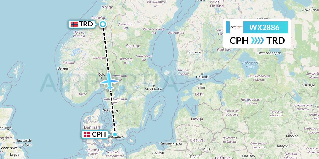 WX2886 Cityjet Flight Map: Copenhagen to Trondheim