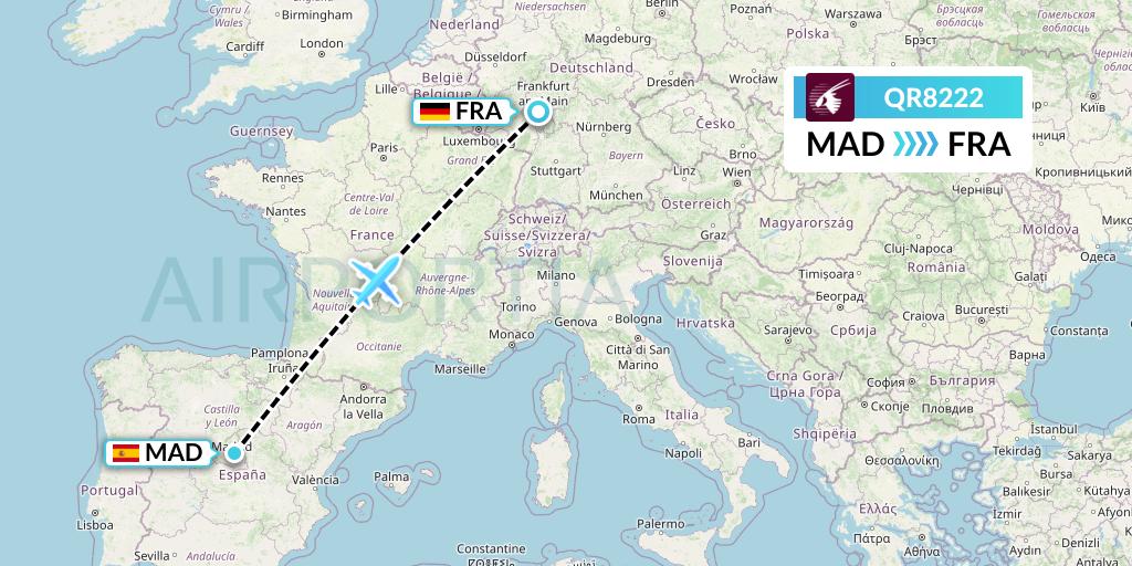QR8222 Qatar Airways Flight Map: Madrid to Frankfurt