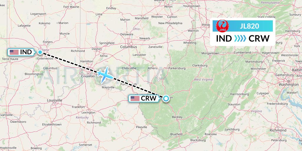 JL820 Japan Airlines Flight Map: Indianapolis to Charleston