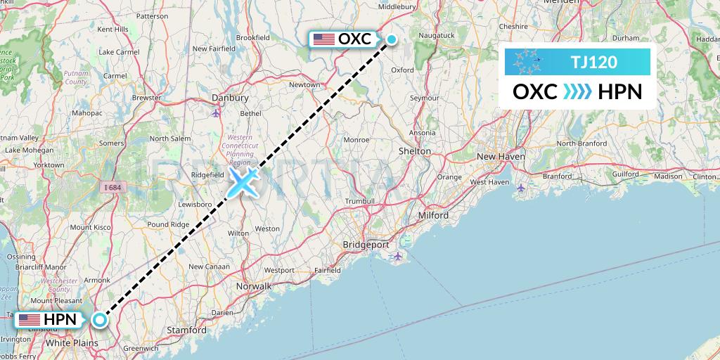 TJ120 Tradewind Aviation Flight Map: Oxford to White Plains