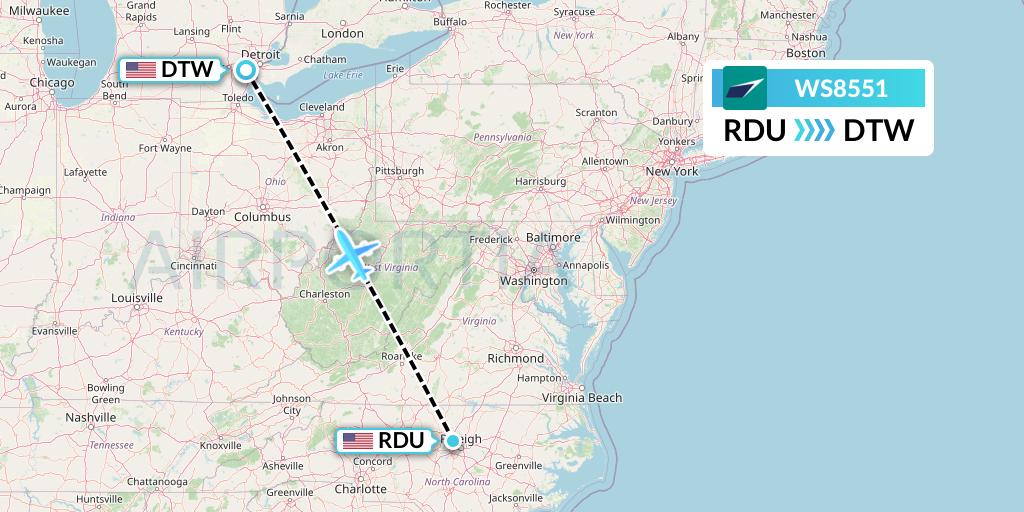 WS8551 WestJet Flight Map: Raleigh-Durham to Detroit
