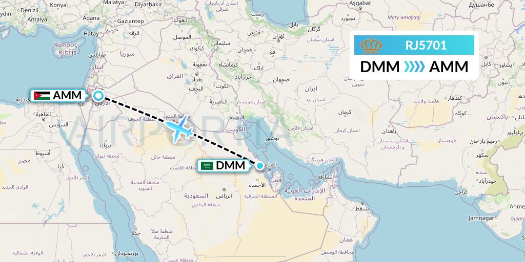 RJ5701 Royal Jordanian Flight Map: Dammam to Amman