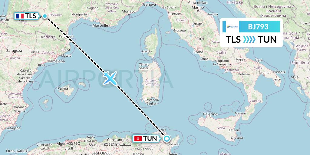 BJ793 Nouvelair Tunisie Flight Map: Toulouse to Tunis