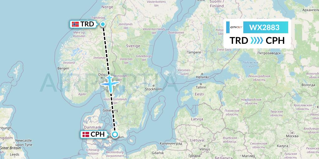 WX2883 Cityjet Flight Map: Trondheim to Copenhagen