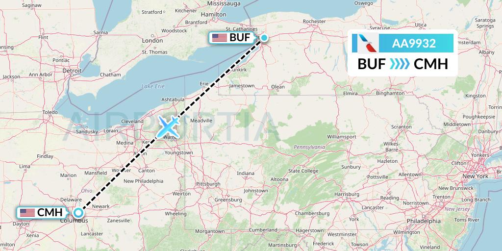 AA9932 American Airlines Flight Map: Buffalo to Columbus