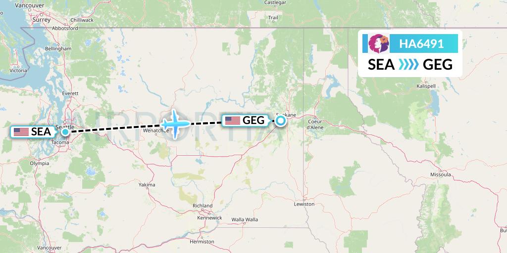 HA6491 Hawaiian Airlines Flight Map: Seattle to Spokane