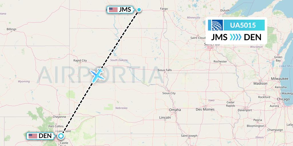UA5015 United Airlines Flight Map: Jamestown to Denver