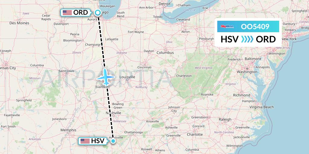 OO5409 SkyWest Airlines Flight Map: Huntsville to Chicago