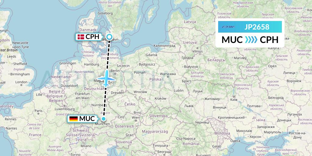 JP2658 Adria Airways Flight Map: Munich to Copenhagen