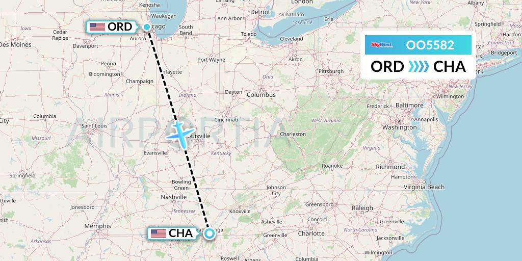 OO5582 SkyWest Airlines Flight Map: Chicago to Chattanooga