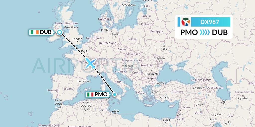 DX987 Danish Air Transport Flight Map: Palermo to Dublin