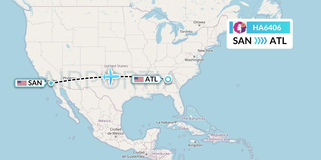 HA6406 Hawaiian Airlines Flight Map: San Diego to Atlanta