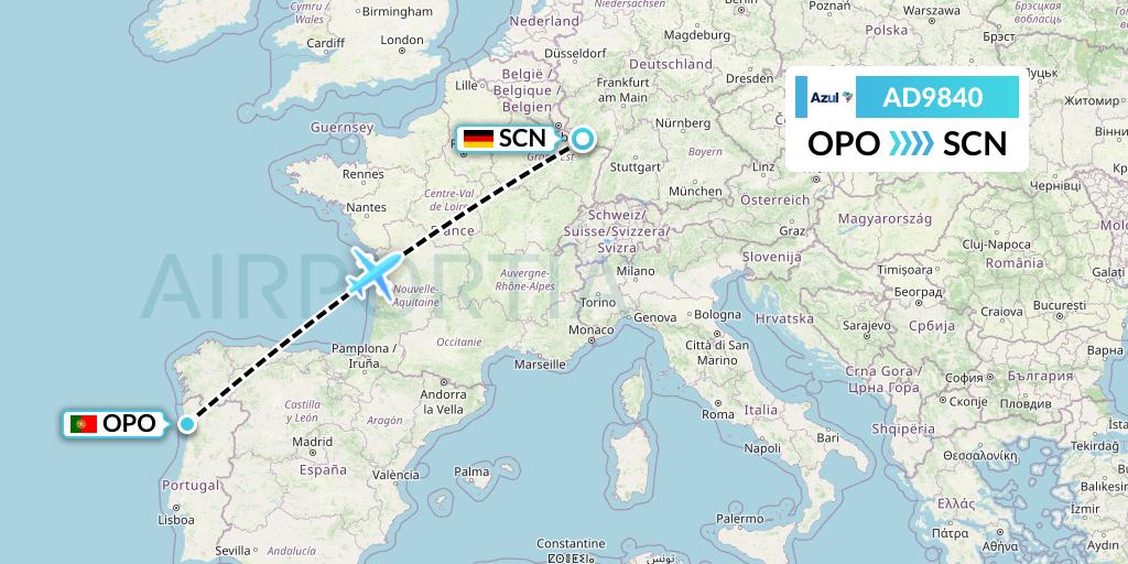 AD9840 Azul Brazilian Airlines Flight Map: Porto to Saarbrucken