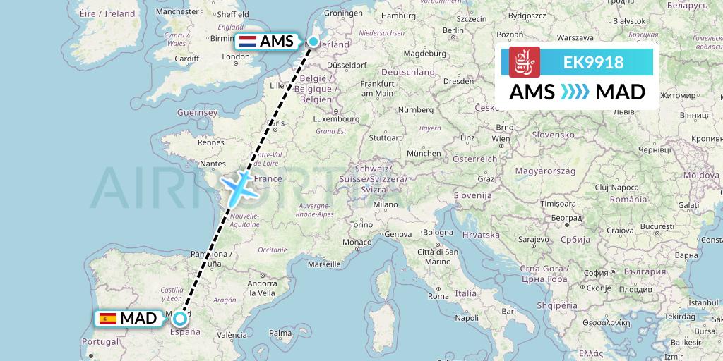 EK9918 Emirates Flight Map: Amsterdam to Madrid