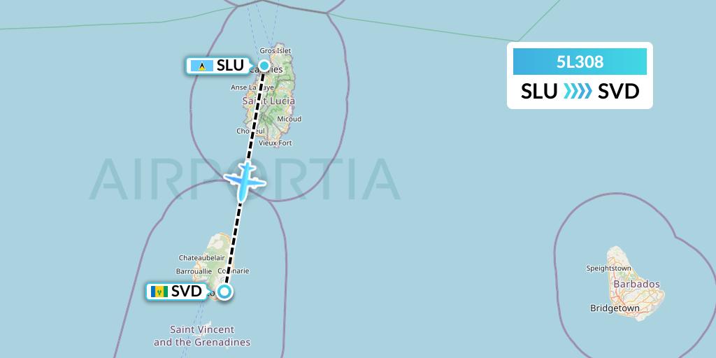 5L308 Fly Salone Airlines Limited Flight Map: Castries to Kingstown
