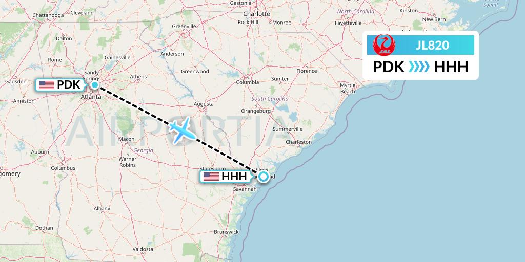 JL820 Japan Airlines Flight Map: Atlanta to Hilton Head Island