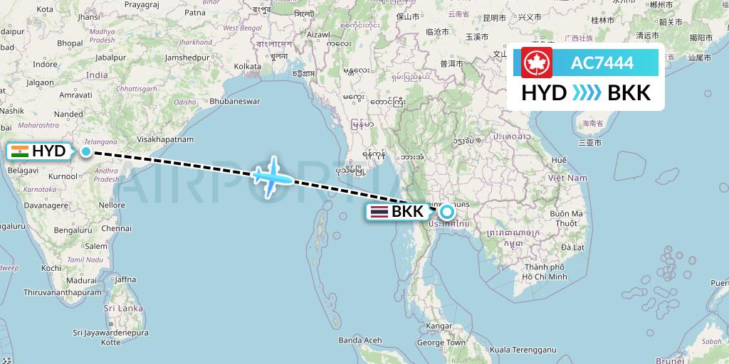 AC7444 Air Canada Flight Map: Hyderabad to Bangkok