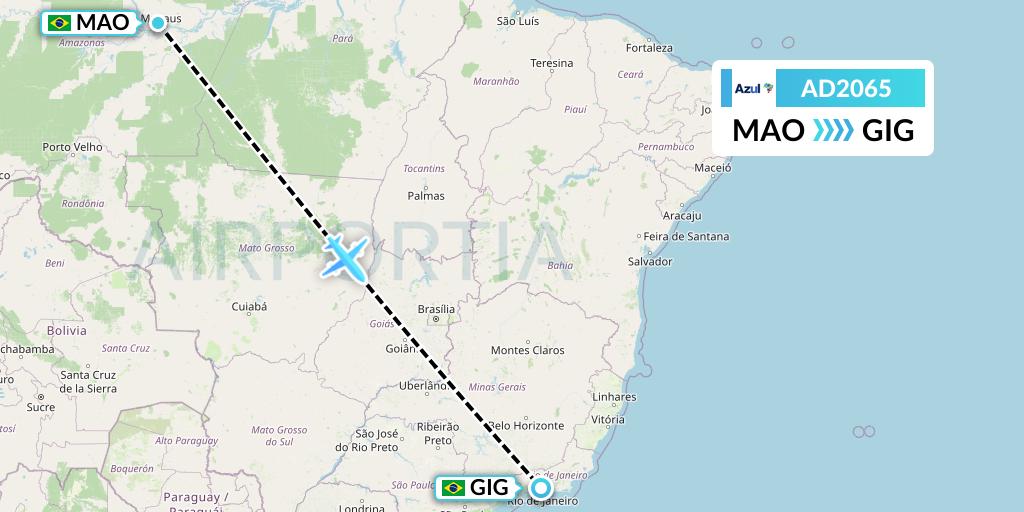 AD2065 Azul Brazilian Airlines Flight Map: Manaus to Rio de Janeiro