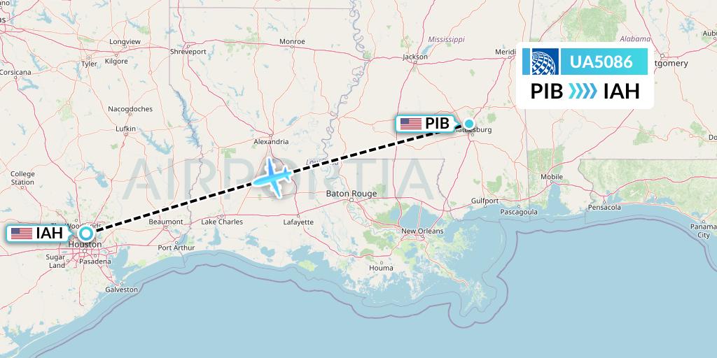 UA5086 United Airlines Flight Map: Hattiesburg to Houston