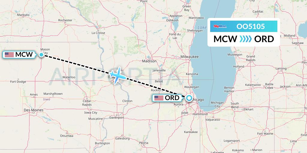 OO5105 SkyWest Airlines Flight Map: Mason City to Chicago