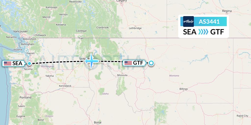 AS3441 Alaska Airlines Flight Map: Seattle to Great Falls