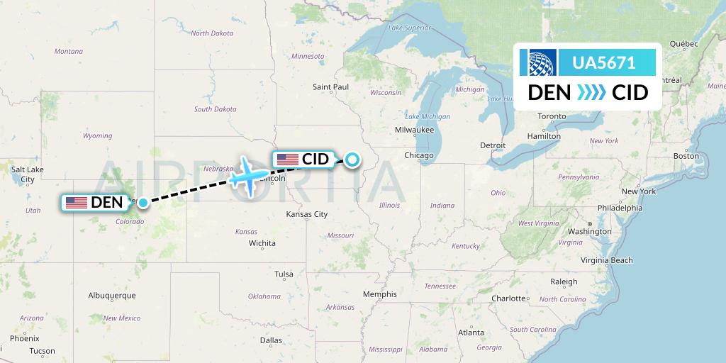 UA5671 United Airlines Flight Map: Denver to Cedar Rapids