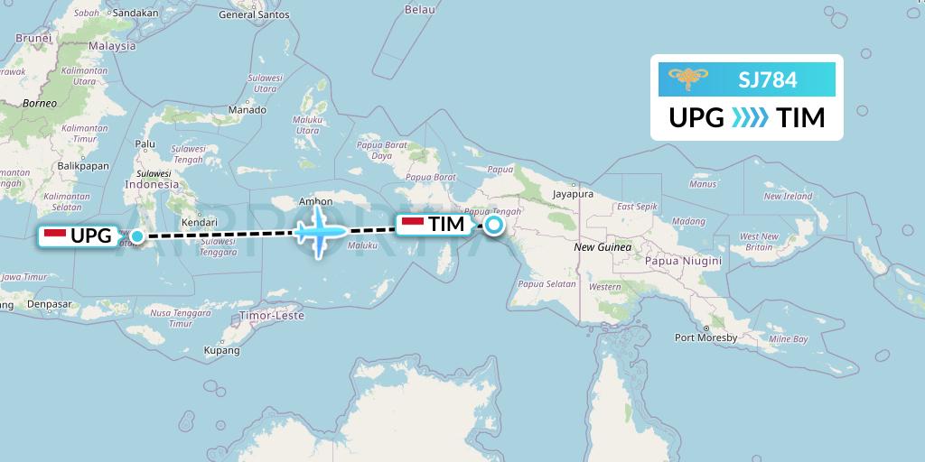 SJ784 Sriwijaya Air Flight Map: Makassar to Timika