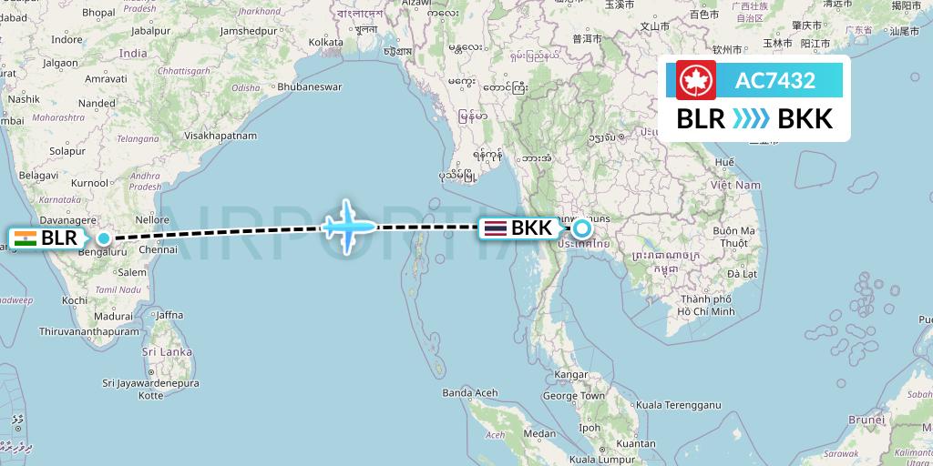 AC7432 Air Canada Flight Map: Bangalore to Bangkok