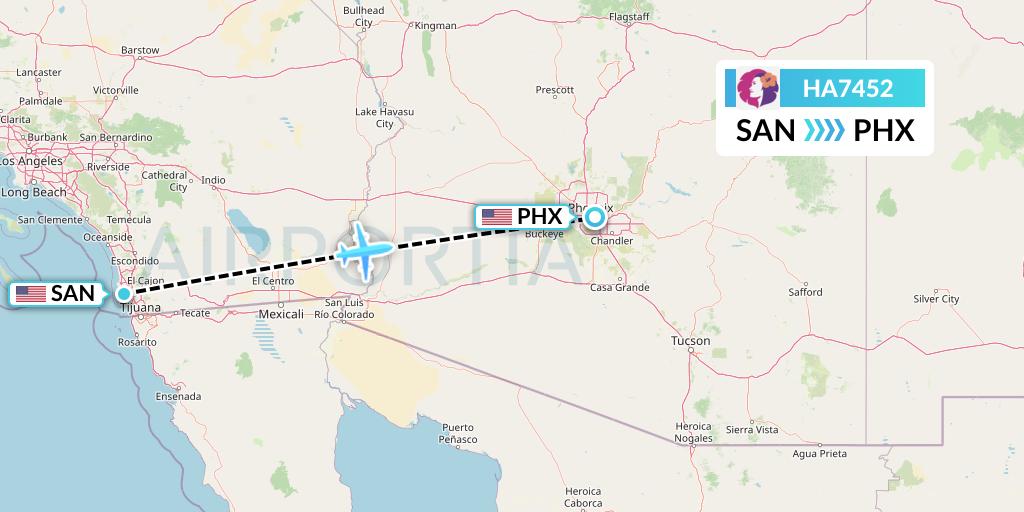 HA7452 Hawaiian Airlines Flight Map: San Diego to Phoenix