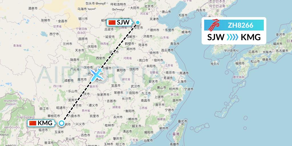 ZH8266 Shenzhen Airlines Flight Map: Shijiazhuang to Kunming