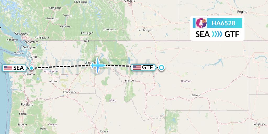 HA6528 Hawaiian Airlines Flight Map: Seattle to Great Falls