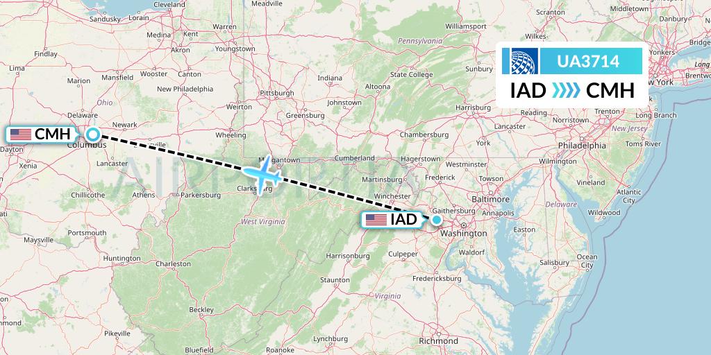 UA3714 United Airlines Flight Map: Washington to Columbus