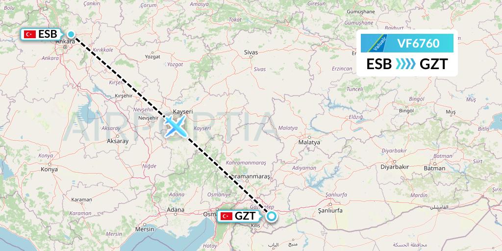 VF6760 ValuAir Flight Map: Ankara to Gaziantep