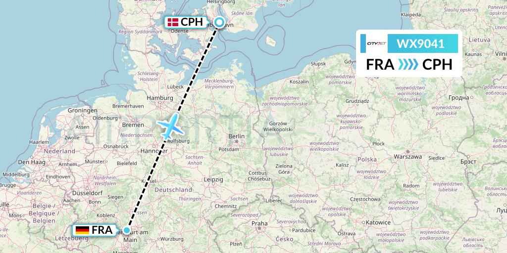 WX9041 Cityjet Flight Map: Frankfurt to Copenhagen