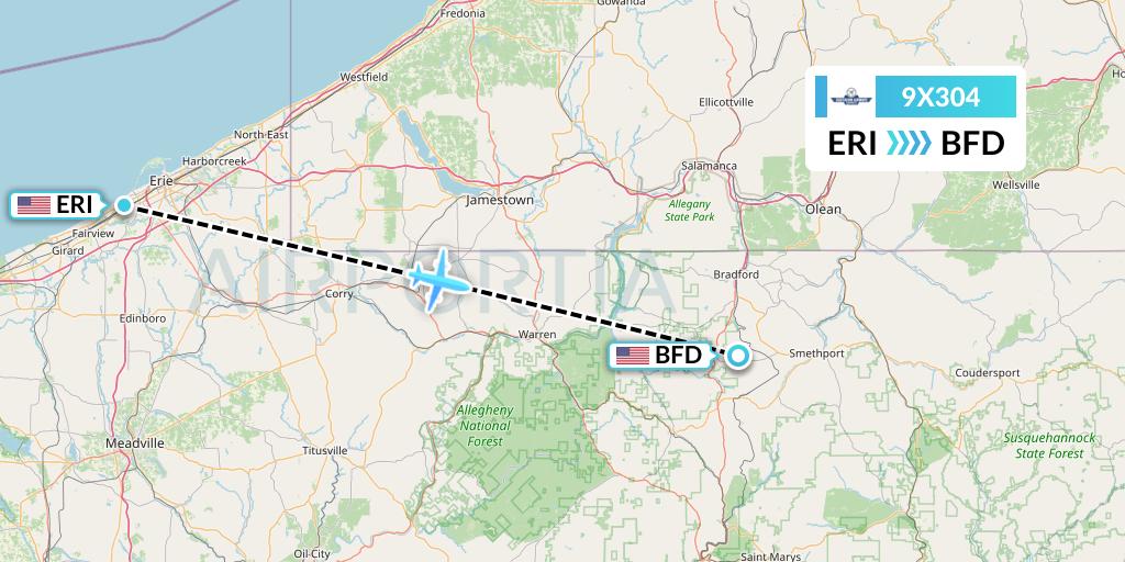 9X304 Southern Airways Express Flight Map: Erie to Bradford