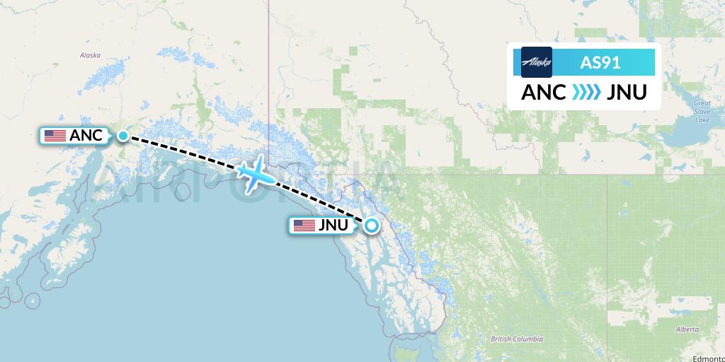 AS91 Alaska Airlines Flight Map: Anchorage to Juneau