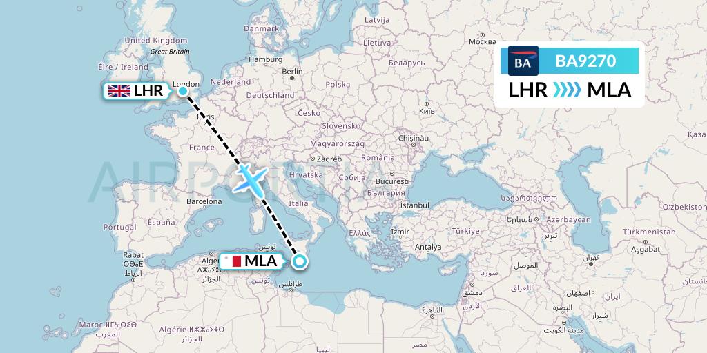 BA9270 British Airways Flight Map: London to Malta