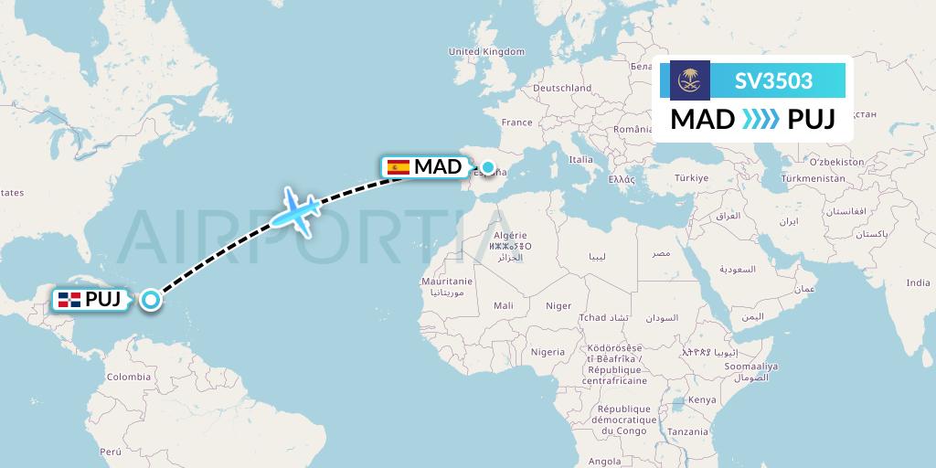 SV3503 Saudi Arabian Airlines Flight Map: Madrid to Punta Cana