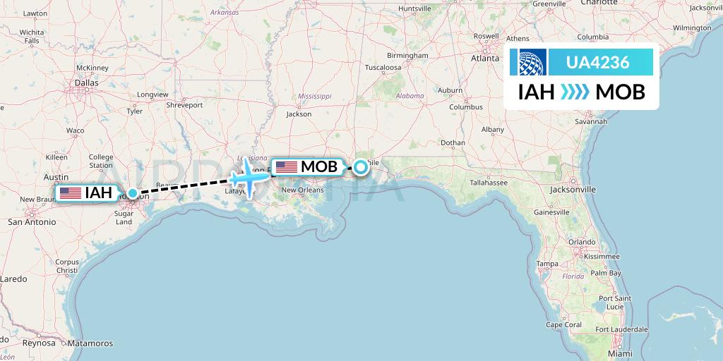 UA4236 United Airlines Flight Map: Houston to Mobile
