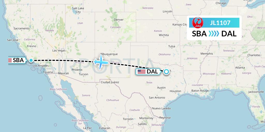 JL1107 Japan Airlines Flight Map: Santa Barbara to Dallas