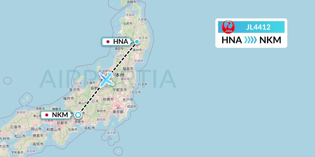 JL4412 Japan Airlines Flight Map: Hanamaki to Nagoya
