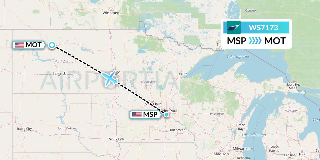 WS7173 WestJet Flight Map: Minneapolis to Minot
