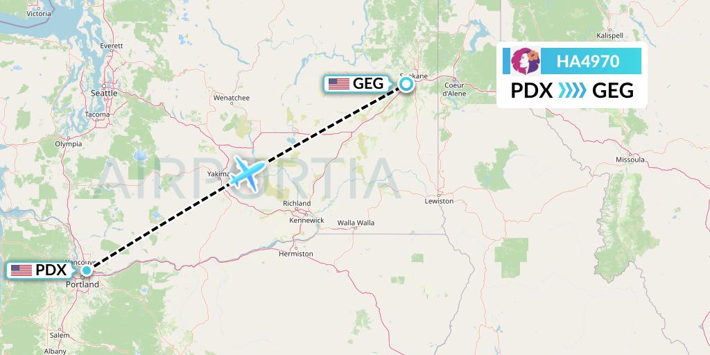 HA4970 Hawaiian Airlines Flight Map: Portland to Spokane