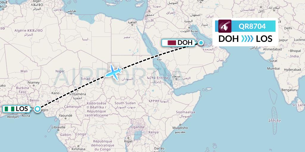 QR8704 Qatar Airways Flight Map: Doha to Lagos