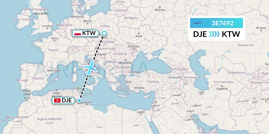 3E7692 Air Choice One Flight Map: Djerba to Katowice